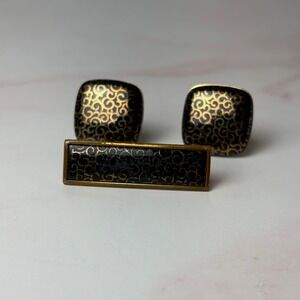 Vintage Evans Gold Black Enamel Scroll Cufflinks and Tie Clip‎ Set Mens Formal